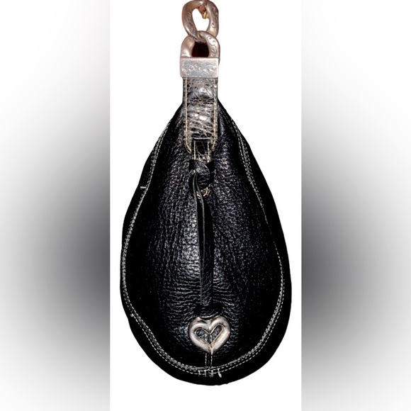 🖤 Brighton Black Leather Hobo Shoulder Bag With Silver Chain Strap Heart Charm - Picture 7 of 15